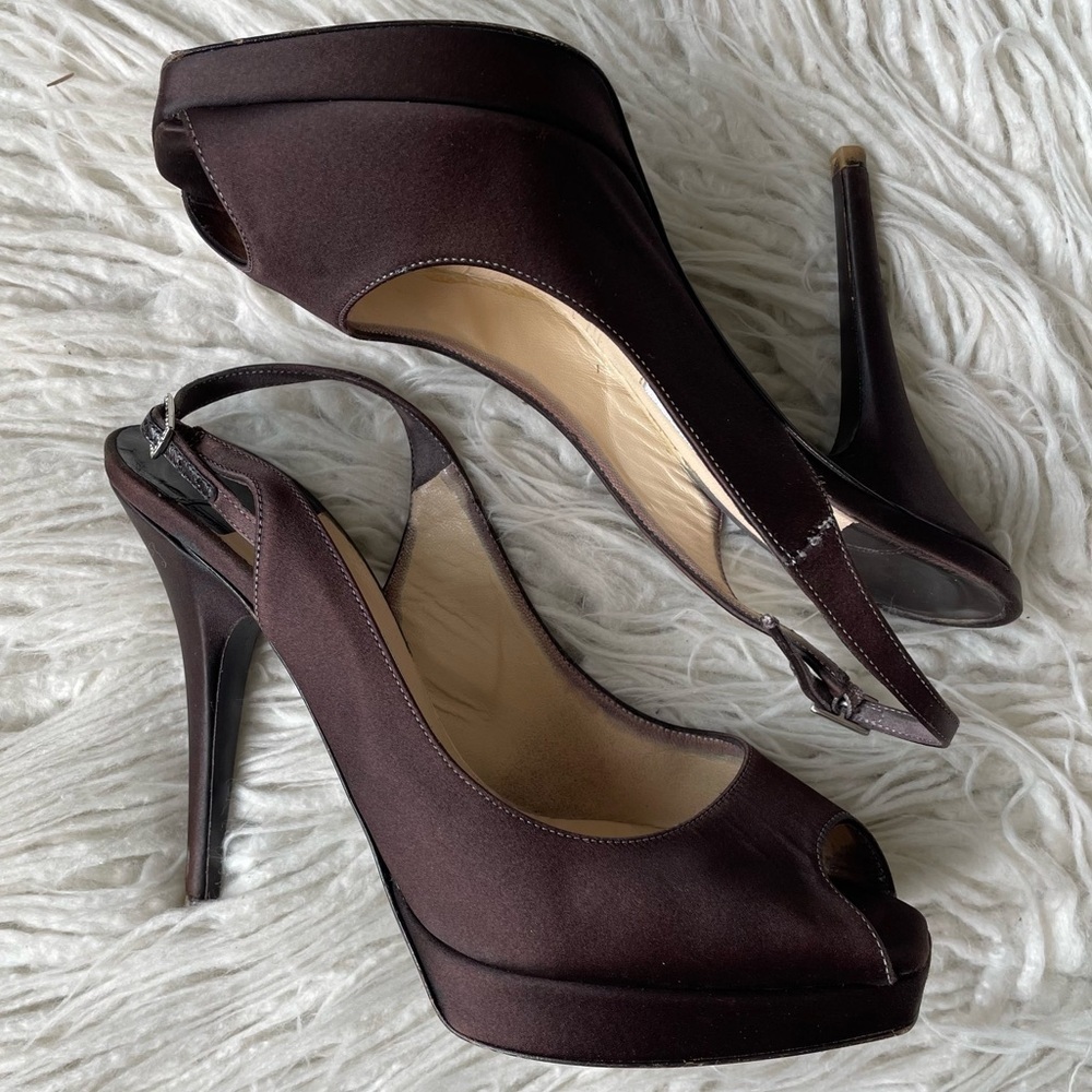 Jimmy Choo Brown Satin 010 Clue Peep Toe Square Platform Slingback Pumps Sz 37.5